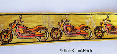 Beige Fabric trim with Embroidered Motor Bikes - Brown, Orange, Light Gold & Pink